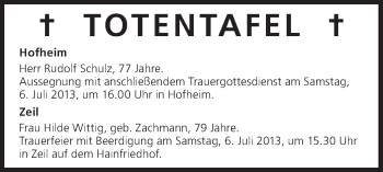Anzeige von Totentafel vom 05.07.2013 von MGO