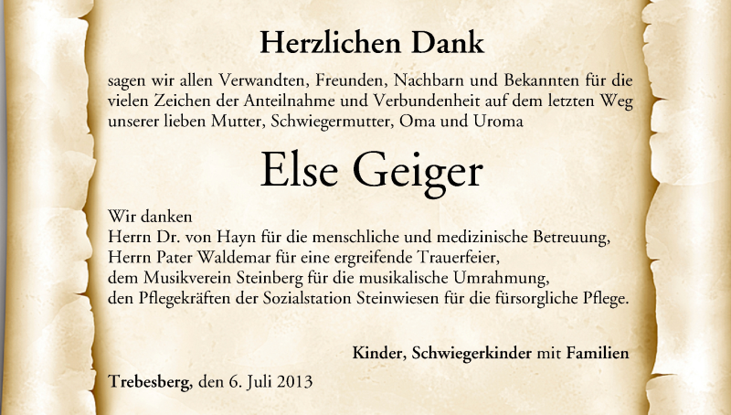  Traueranzeige für Else Geiger vom 06.07.2013 aus MGO