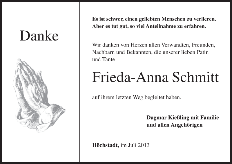  Traueranzeige für Frieda-Anna Schmitt vom 06.07.2013 aus MGO