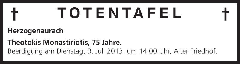  Traueranzeige für Totentafel vom 06.07.2013 vom 06.07.2013 aus MGO
