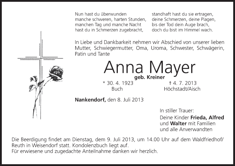  Traueranzeige für Anna Mayer vom 08.07.2013 aus MGO