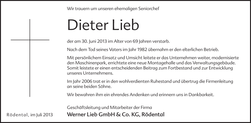  Traueranzeige für Dieter Lieb vom 09.07.2013 aus MGO