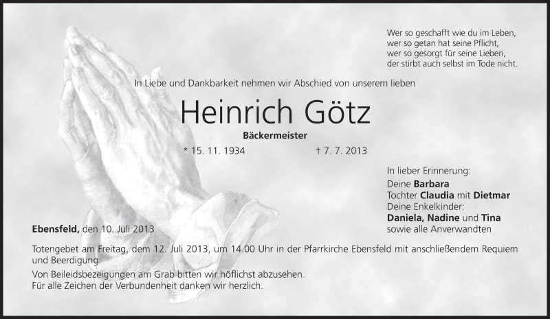  Traueranzeige für Heinrich Götz vom 10.07.2013 aus MGO