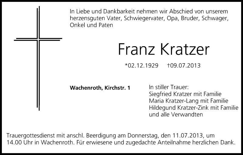  Traueranzeige für Franz Kratzer vom 10.07.2013 aus MGO