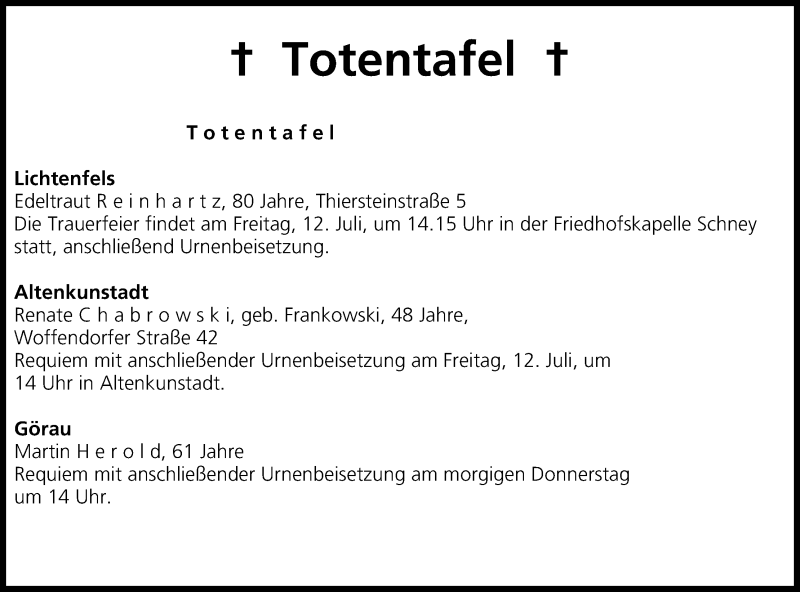  Traueranzeige für Totentafel vom 10.07.2013 vom 10.07.2013 aus MGO