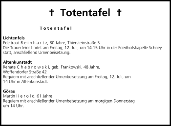 Anzeige von Totentafel vom 10.07.2013 von MGO