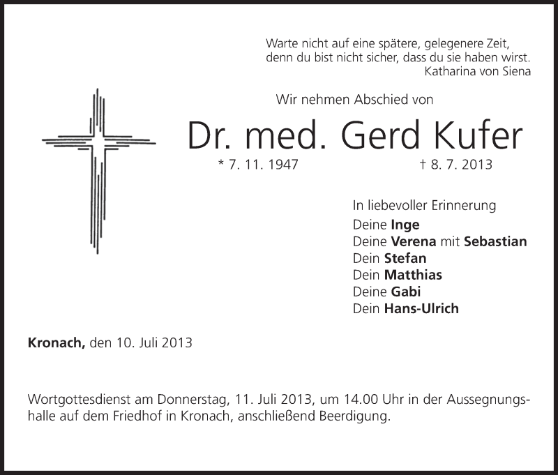  Traueranzeige für Gerd Kufer vom 10.07.2013 aus MGO