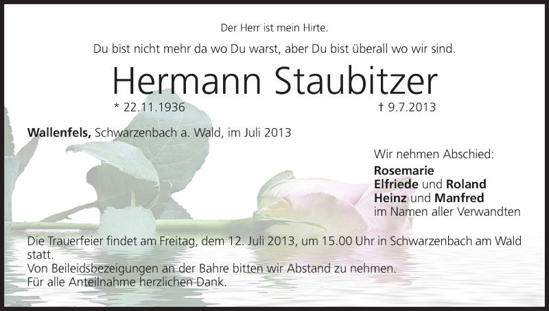  Traueranzeige für Hermann Staubitzer vom 11.07.2013 aus MGO