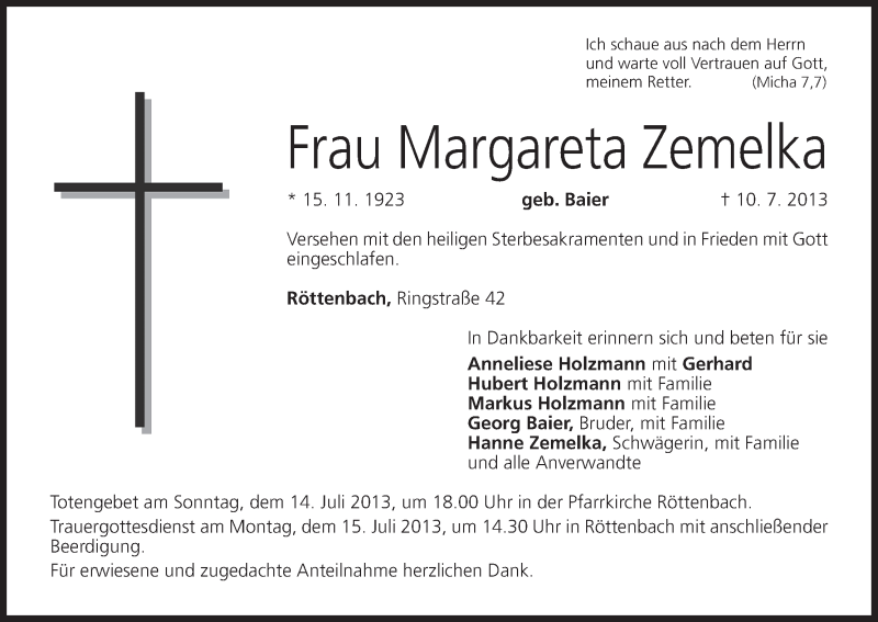  Traueranzeige für Margareta Zemelka vom 12.07.2013 aus MGO