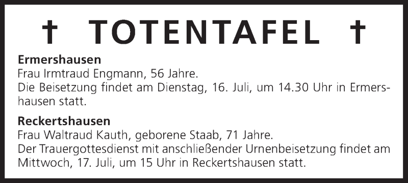  Traueranzeige für Totentafel vom 15.07.2013 vom 15.07.2013 aus MGO