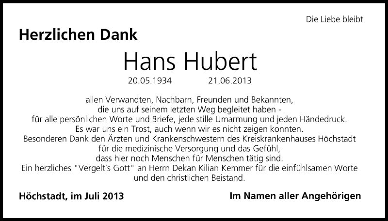  Traueranzeige für Hans Hubert vom 13.07.2013 aus MGO