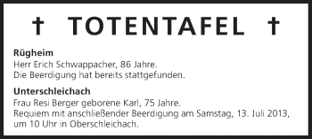 Anzeige von Totentafel vom 13.07.2013 von MGO