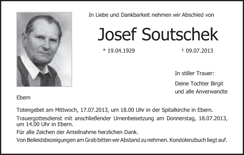  Traueranzeige für Josef Soutschek vom 13.07.2013 aus MGO