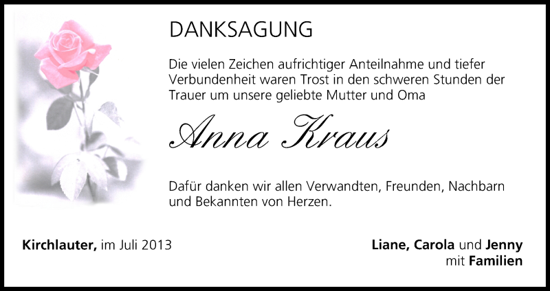  Traueranzeige für Anna Kraus vom 15.07.2013 aus MGO