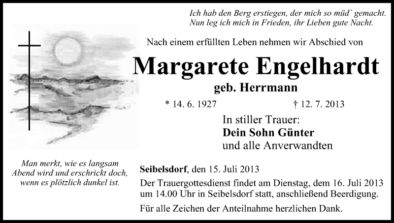  Traueranzeige für Margarete Engelhardt vom 15.07.2013 aus MGO