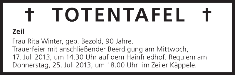  Traueranzeige für Totentafel vom 16.07.2013 vom 16.07.2013 aus MGO