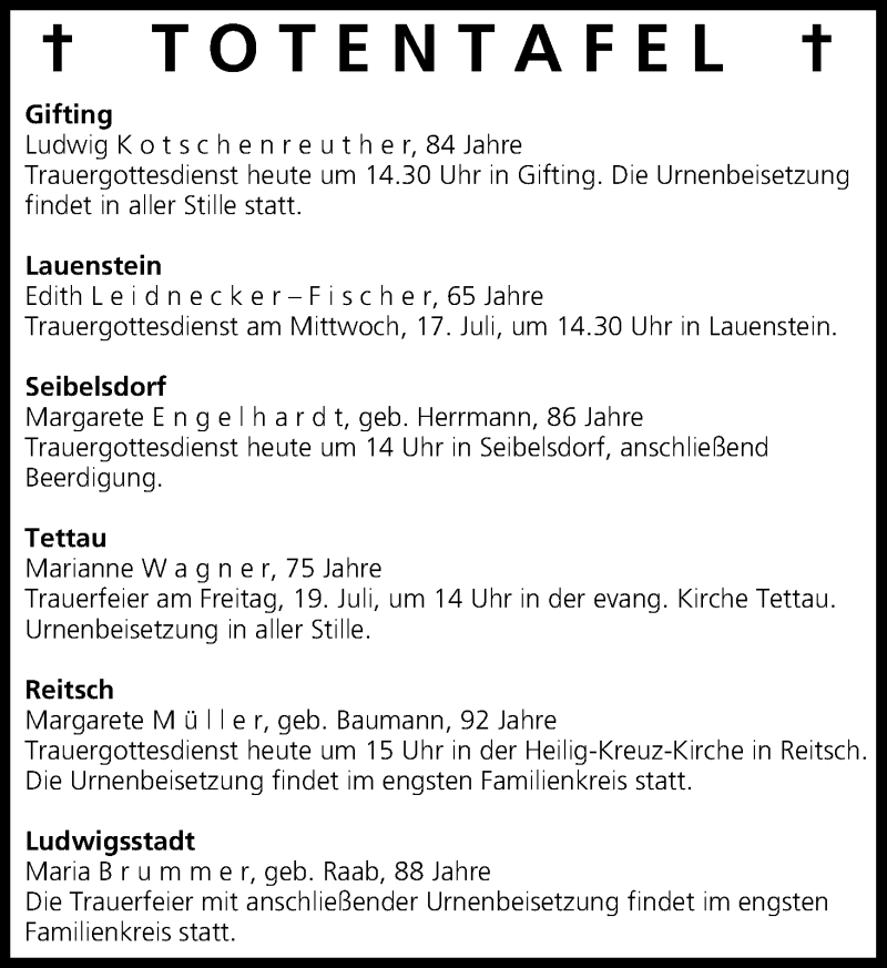  Traueranzeige für Totentafel vom 16.07.2013 vom 16.07.2013 aus MGO
