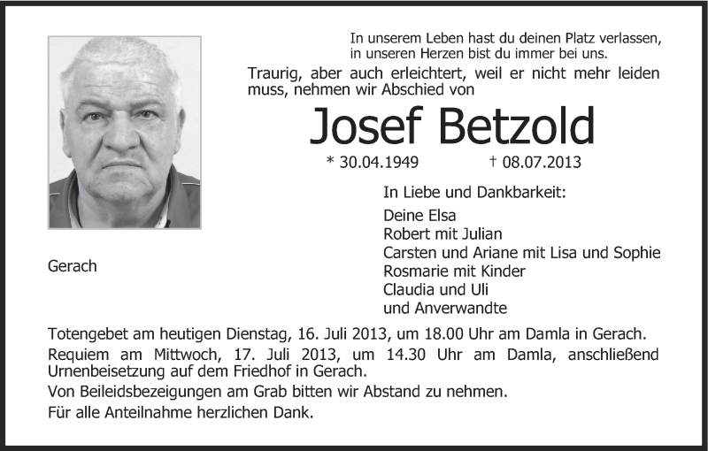  Traueranzeige für Josef Betzold vom 16.07.2013 aus MGO
