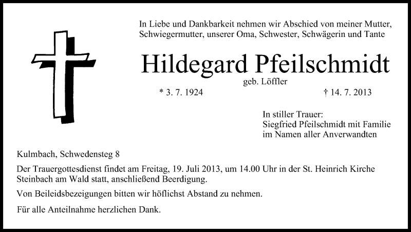  Traueranzeige für Hildegard Pfeilschmidt vom 17.07.2013 aus MGO