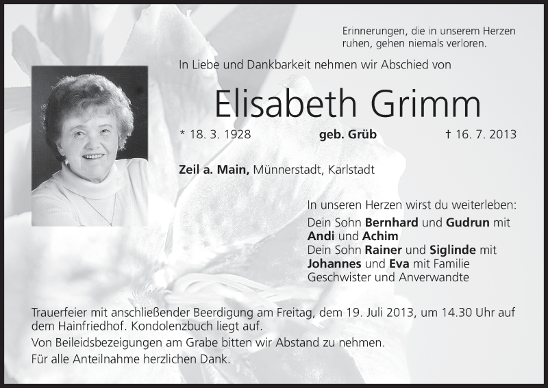  Traueranzeige für Elisabeth Grimm vom 18.07.2013 aus MGO