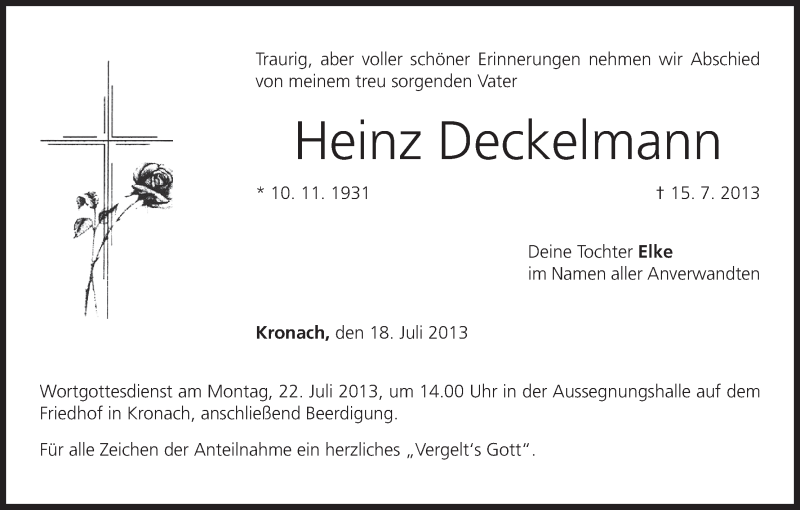  Traueranzeige für Heinz Deckelmann vom 18.07.2013 aus MGO
