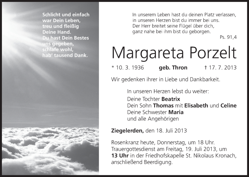  Traueranzeige für Margareta Porzelt vom 18.07.2013 aus MGO