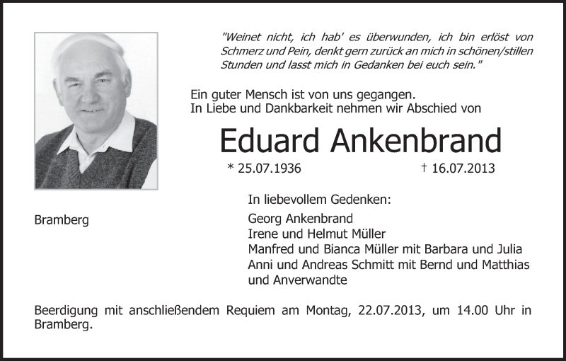  Traueranzeige für Eduard Ankenbrand vom 18.07.2013 aus MGO