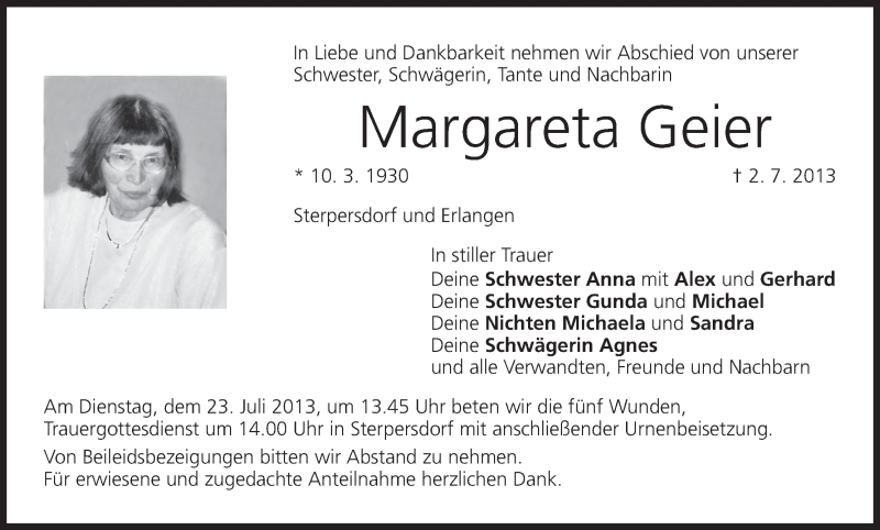  Traueranzeige für Margareta Geier vom 20.07.2013 aus MGO