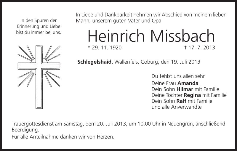  Traueranzeige für Heinrich Missbach vom 19.07.2013 aus MGO