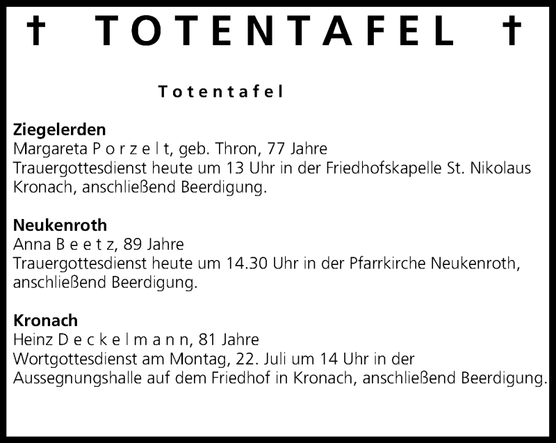  Traueranzeige für Totentafel vom 19.07.2013 vom 19.07.2013 aus MGO