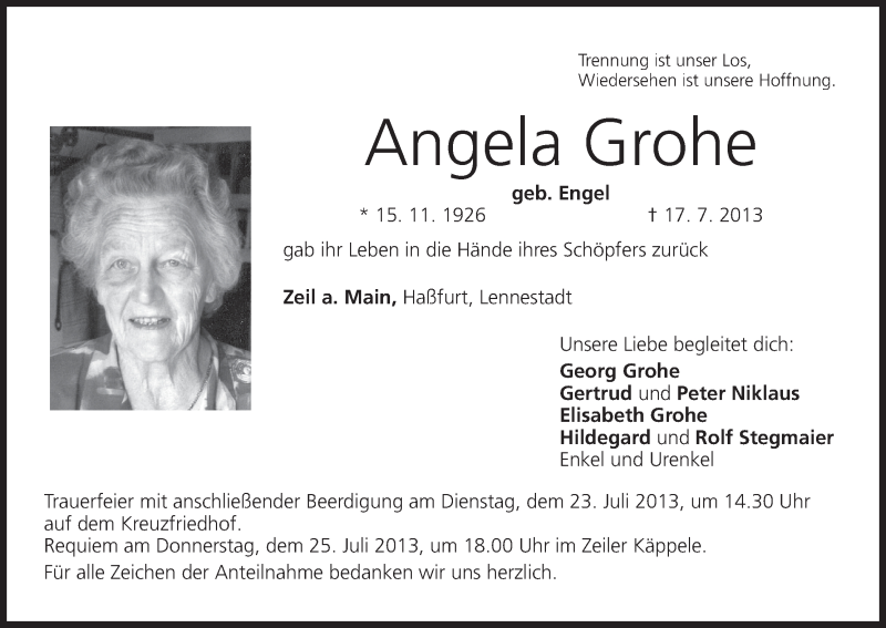  Traueranzeige für Angela Grohe vom 20.07.2013 aus MGO