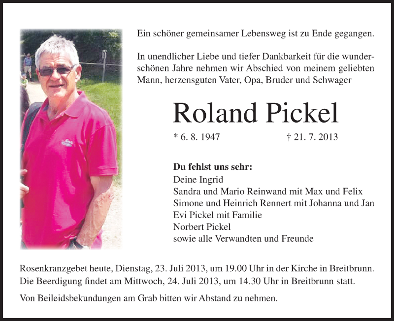  Traueranzeige für Roland Pickel vom 23.07.2013 aus MGO
