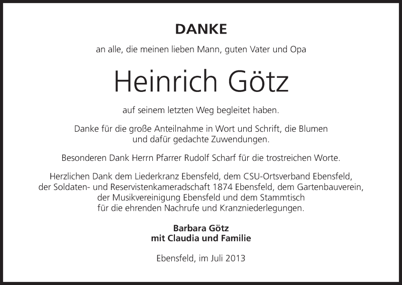  Traueranzeige für Heinrich Götz vom 20.07.2013 aus MGO
