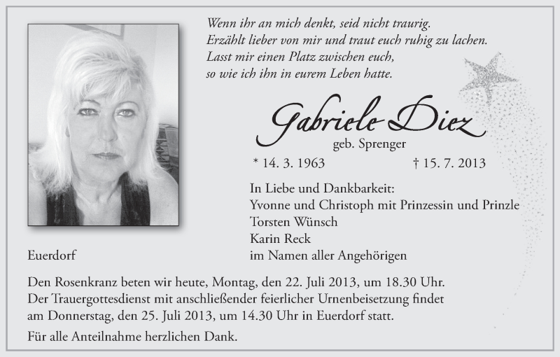  Traueranzeige für Gabriele Diez vom 22.07.2013 aus MGO