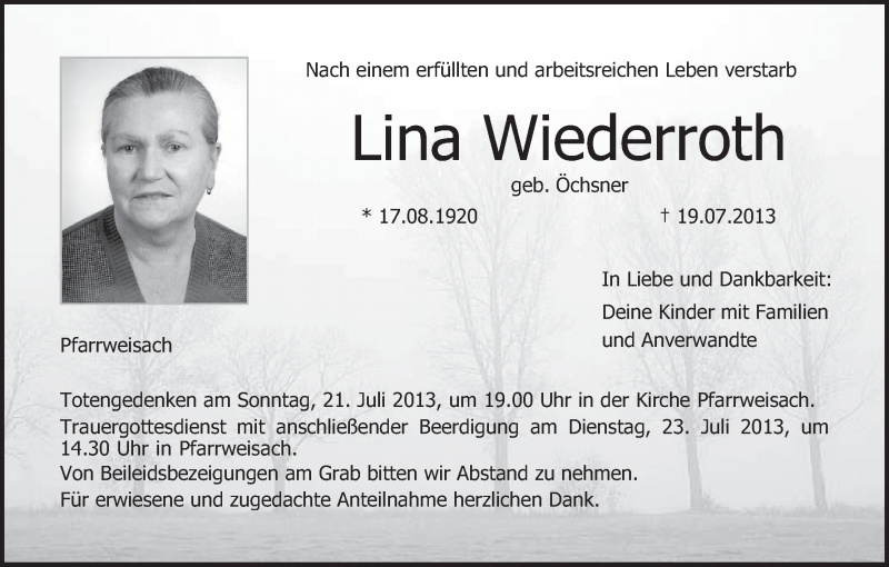  Traueranzeige für Lina Wiederroth vom 20.07.2013 aus MGO