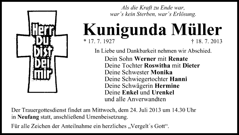  Traueranzeige für Kunigunda Müller vom 22.07.2013 aus MGO
