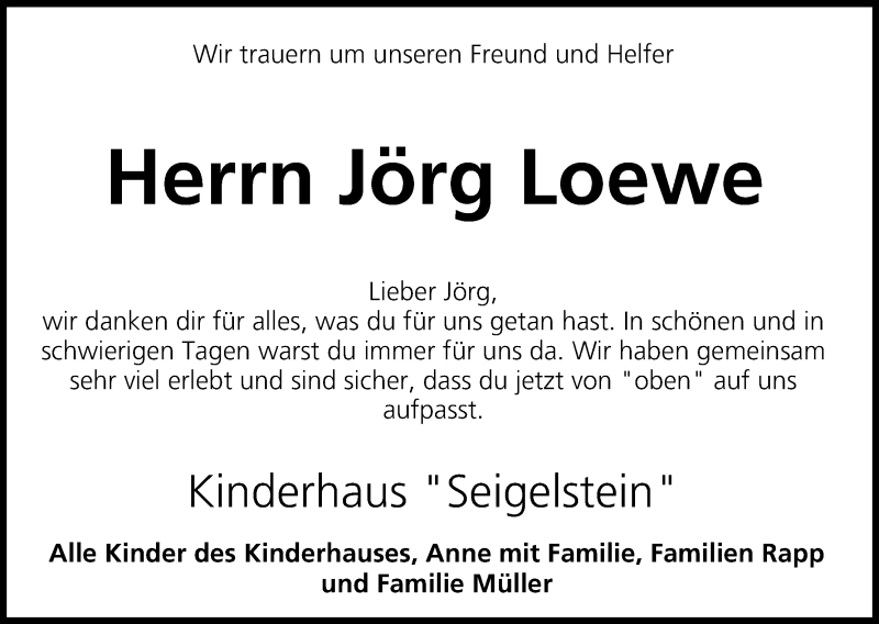  Traueranzeige für Jörg Loewe vom 23.07.2013 aus MGO