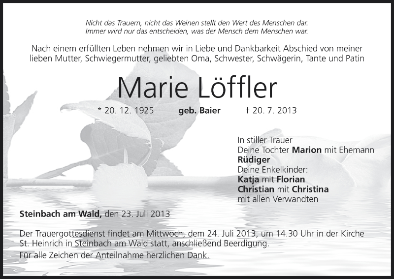  Traueranzeige für Marie Löffler vom 23.07.2013 aus MGO