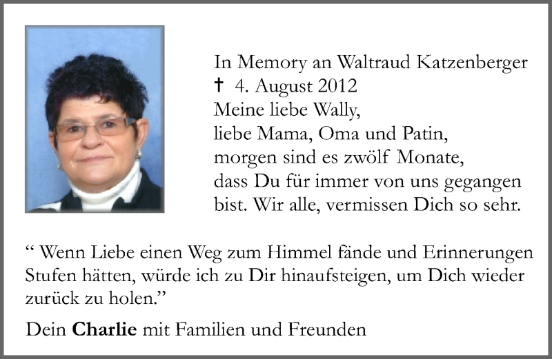  Traueranzeige für Waltraud Katzenberger vom 03.08.2013 aus MGO