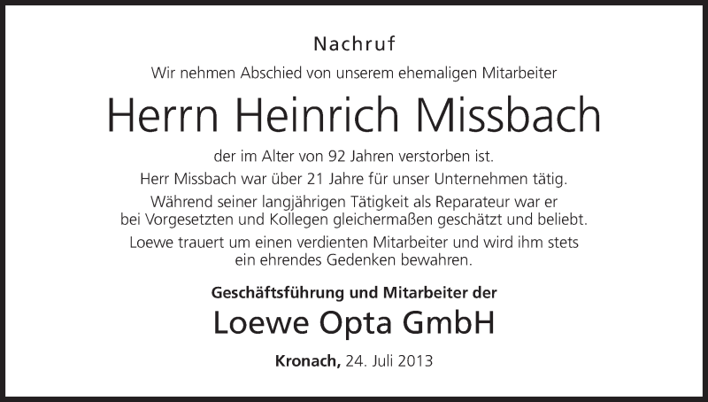 Traueranzeige für Heinrich Missbach vom 24.07.2013 aus MGO