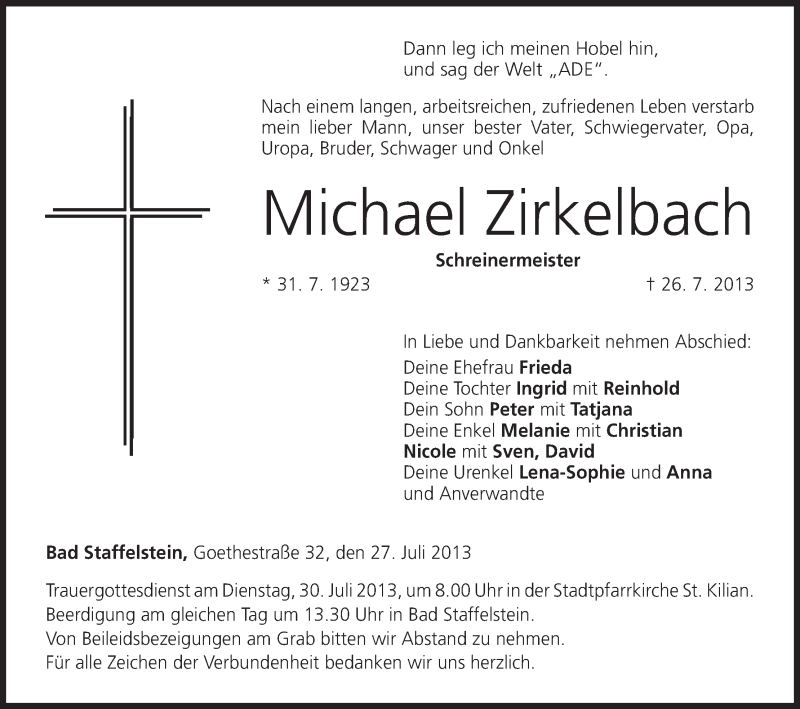  Traueranzeige für Michael Zirkelbach vom 27.07.2013 aus MGO