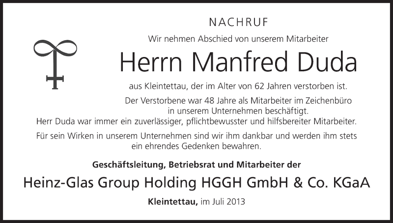  Traueranzeige für Manfred Duda vom 01.08.2013 aus MGO