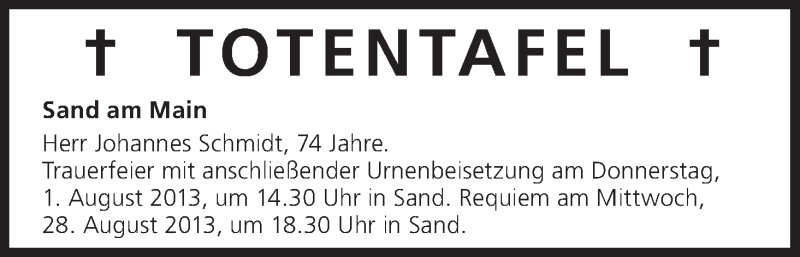  Traueranzeige für Totentafel vom 29.07.2013 vom 29.07.2013 aus MGO