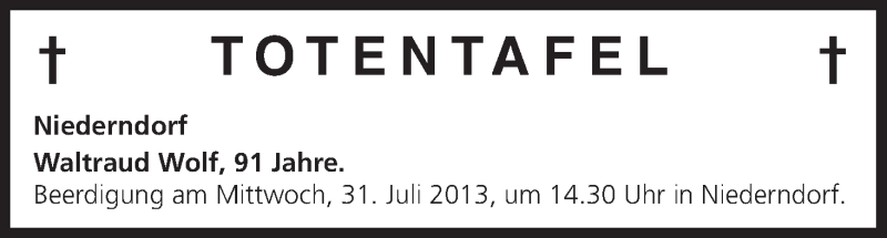  Traueranzeige für Totentafel vom 30.07.2013 vom 30.07.2013 aus MGO