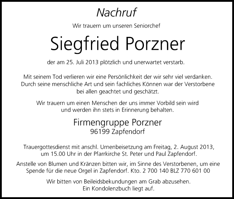  Traueranzeige für Siegfried Porzner vom 30.07.2013 aus MGO
