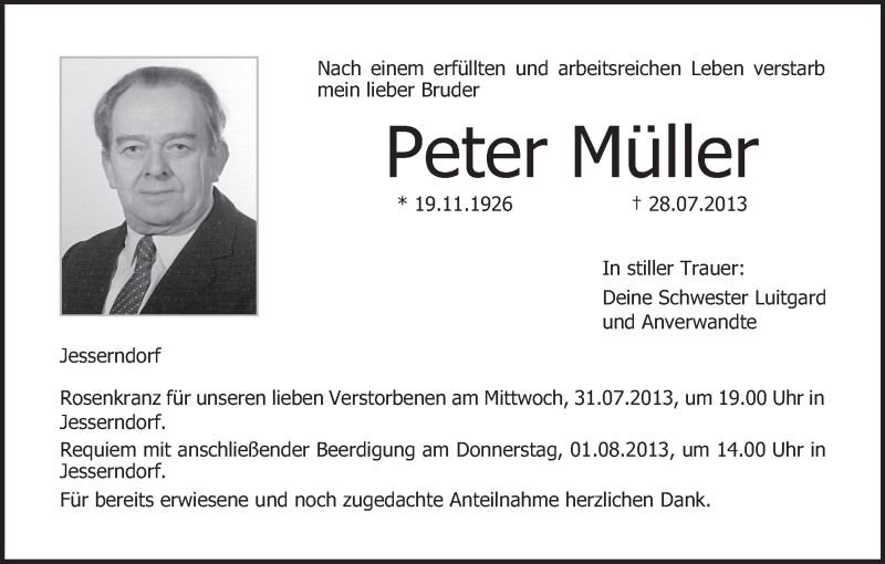  Traueranzeige für Peter Müller vom 30.07.2013 aus MGO