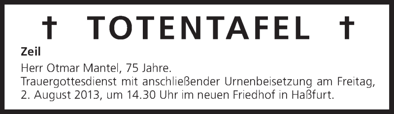  Traueranzeige für Totentafel vom 31.07.2013 vom 31.07.2013 aus MGO