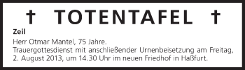 Anzeige von Totentafel vom 31.07.2013 von MGO