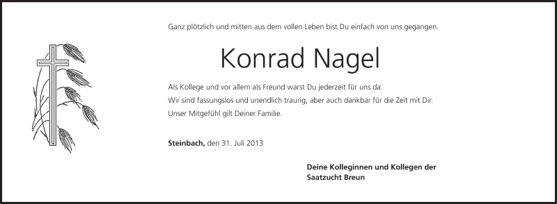  Traueranzeige für Konrad Nagel vom 31.07.2013 aus MGO