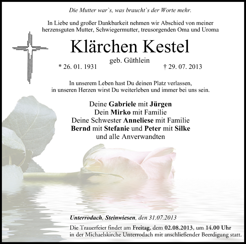  Traueranzeige für Klärchen Kestel vom 31.07.2013 aus MGO